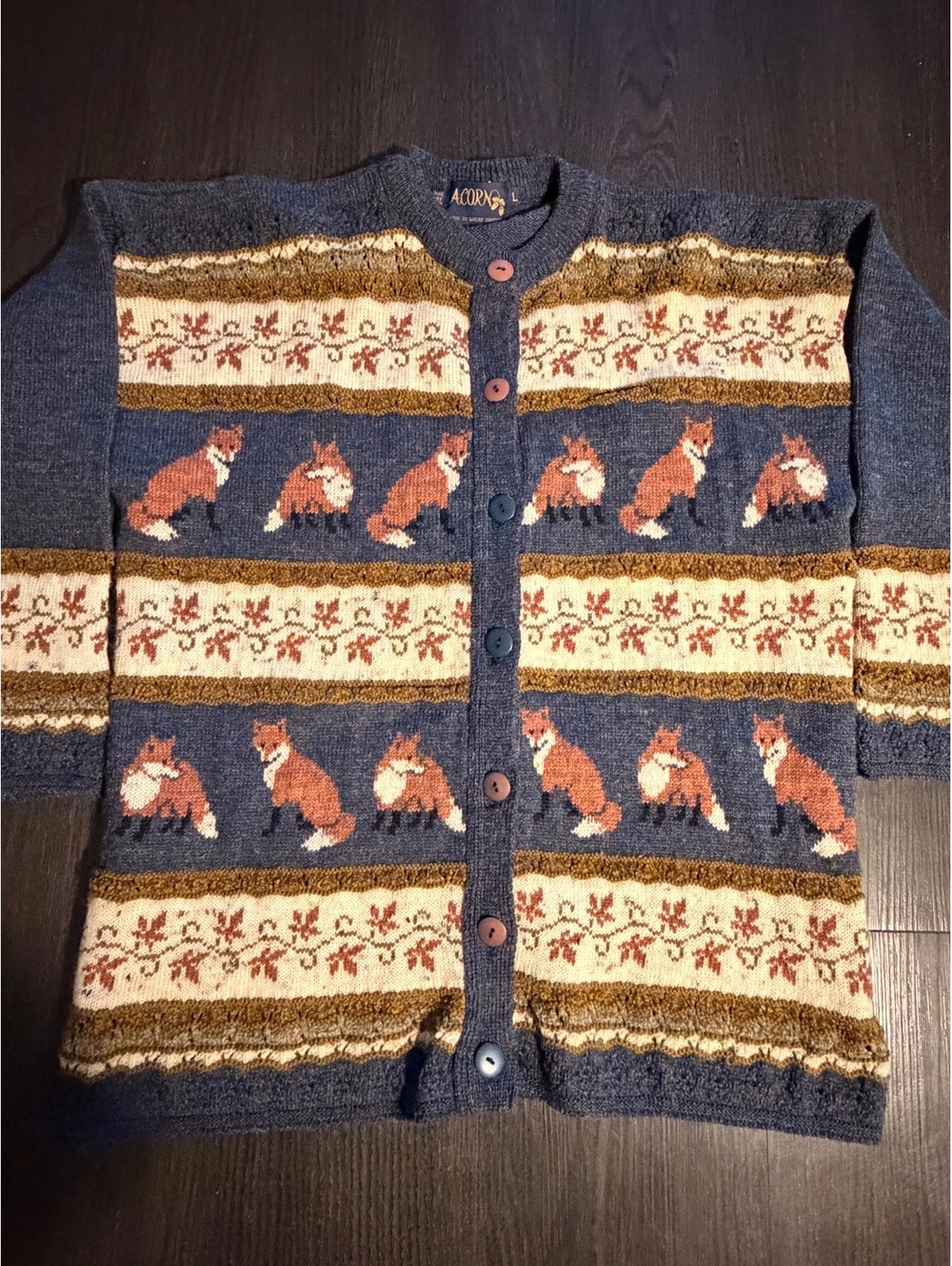 Vtg 90s Acorn Knitwear Fox Pure Wool Cardigan L